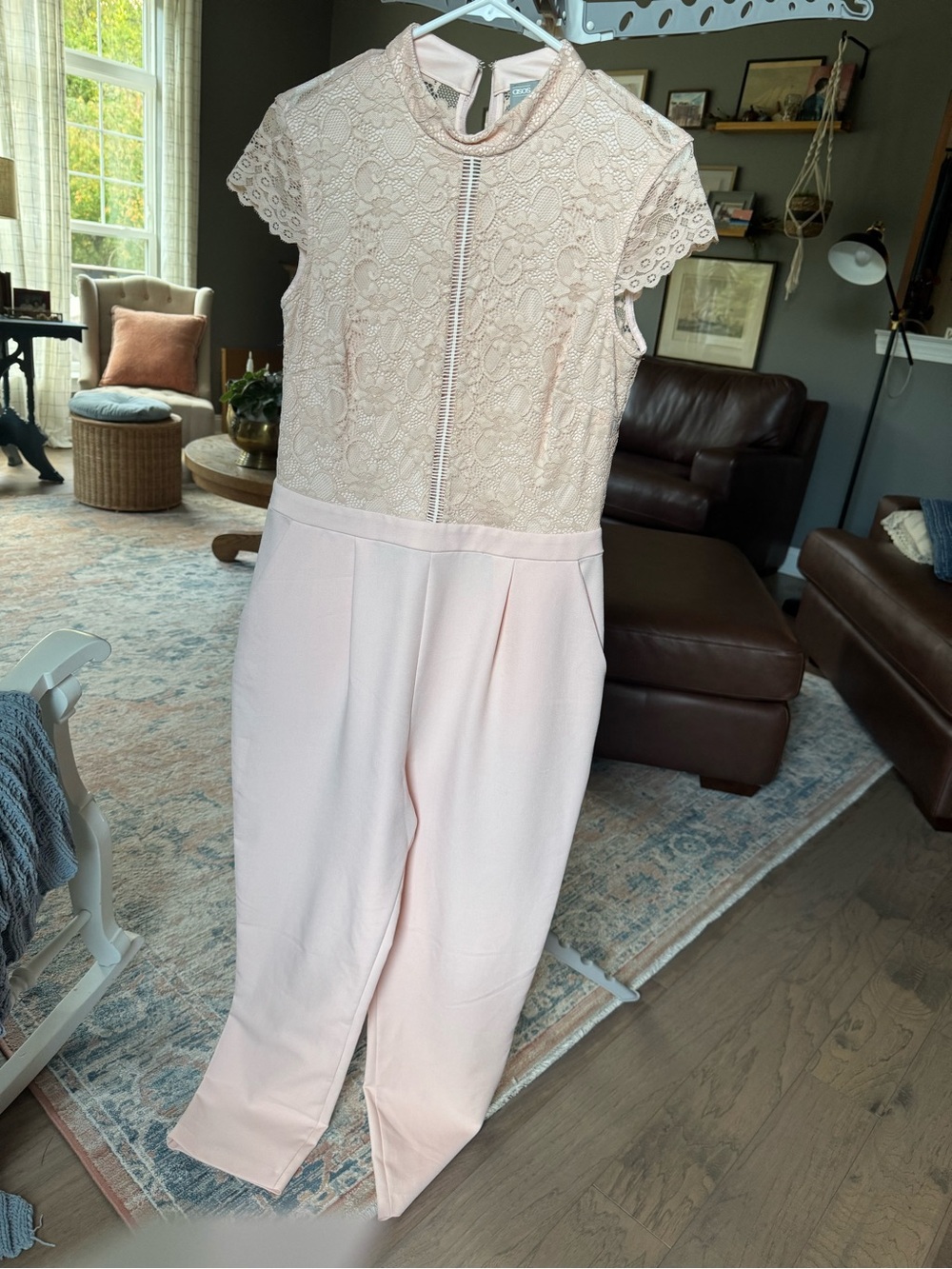Lace Bodice Cap-Sleeve Jumpsuit in Light Blush